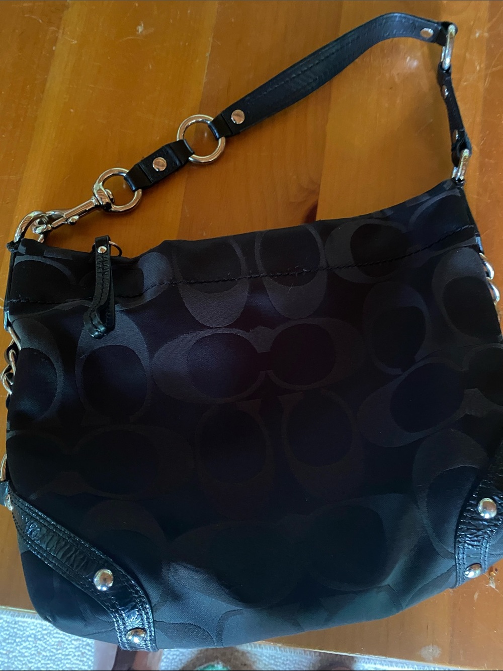 Coach Black Signature Jacquard Shoulder Bag with Leather Trim